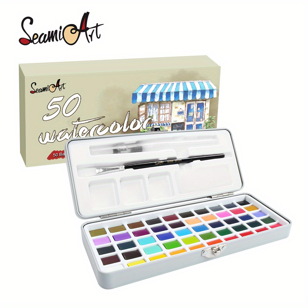 SeamiArt 50Color Solid Watercolor Paint Set Portable Metal Box Painting  Pigment for Beginner Drawing Colors Palette Art Supplies