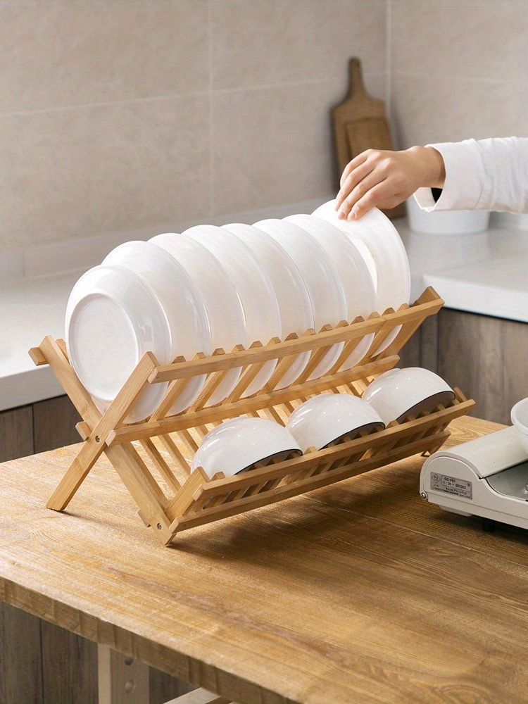 1pc 2-layer Bamboo Dish Rack With 16 Slots And Drainboard