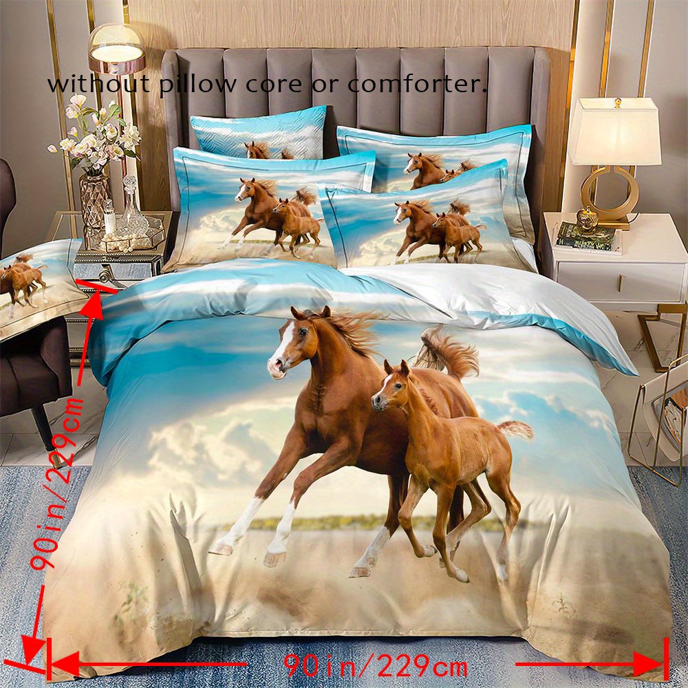 TEMU Soft & Comfortable 3-piece Duvet Cover Set With Running Horse Print - Perfect For Bedroom Or !
