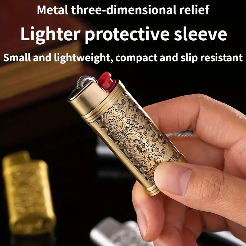 1pc small metal lighter mini small retro lighter case cover holder vintage floral stamped lighter case for full size lighter j5 smoking accessaries details 2