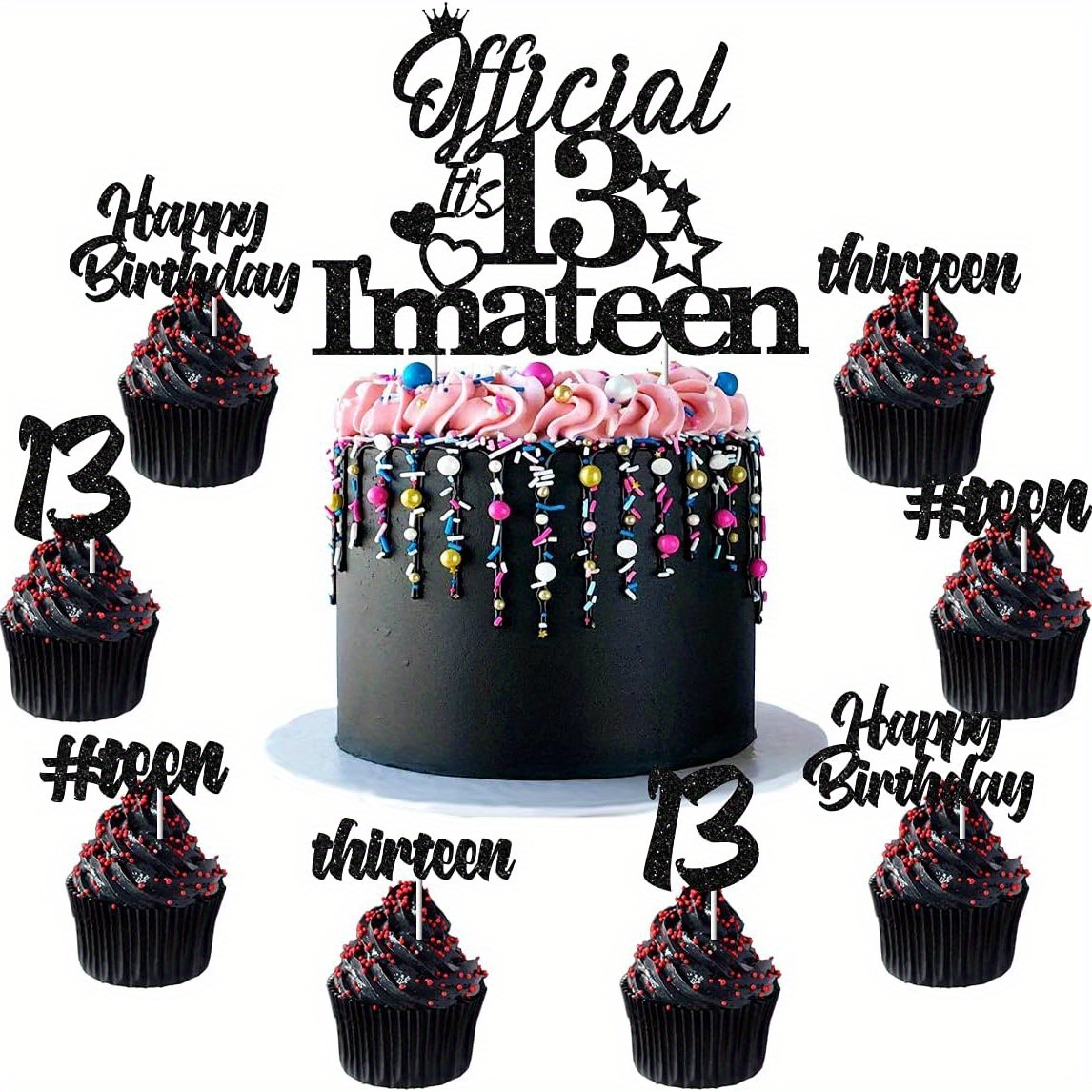 25pcs, 13th Birthday Cake Topper and Cupcake Toppers - Glitter Teenager  Theme for Dessert Table Dress Up and Party Decor Supplies