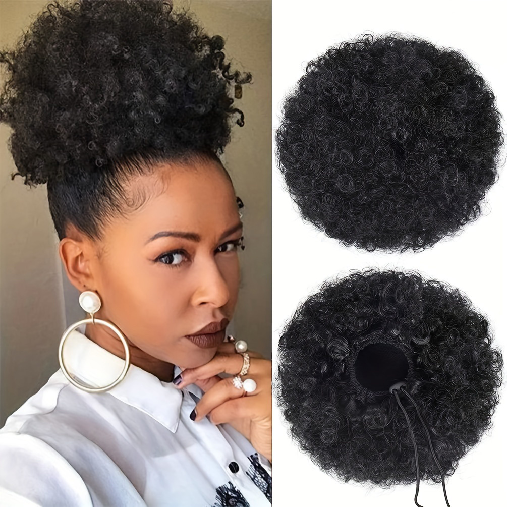 Premium Black Afro Puff Ponytail Extension for Women Medium Length Synthetic Clip On Wig for Hair Bun Wig with Drawstring Hair Accessories