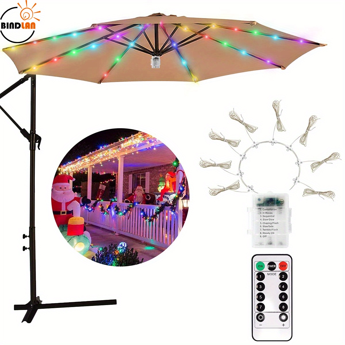 1 pack patio umbrella string light 8 brightness modes 104 leds at 3aa battery operated waterproof outdoor umbrella pole light for patio umbrellas camping tents multi colored details 0