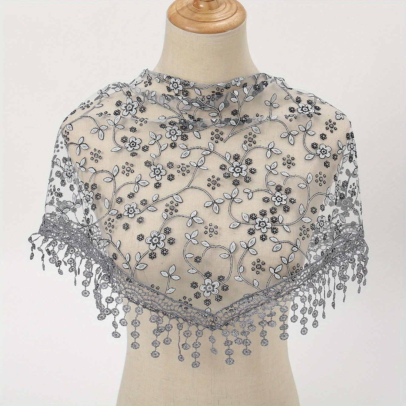 TEMU Women's Bohemian Lace Shawl - Breathable Polyester Triangle Scarf With Floral Embroidery, Black & For Casual Wear, Machine Washable, Bohemian