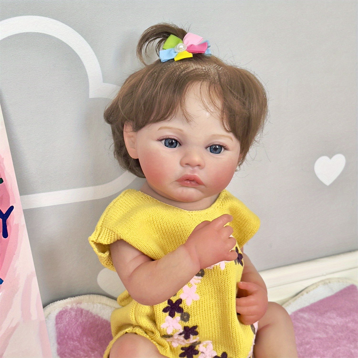 Adorable 19 Handmade Reborn Baby Girl Doll with Soft Touch Silicone Vinyl  and Hand Rooted Hair in Yellow Knitted Romper