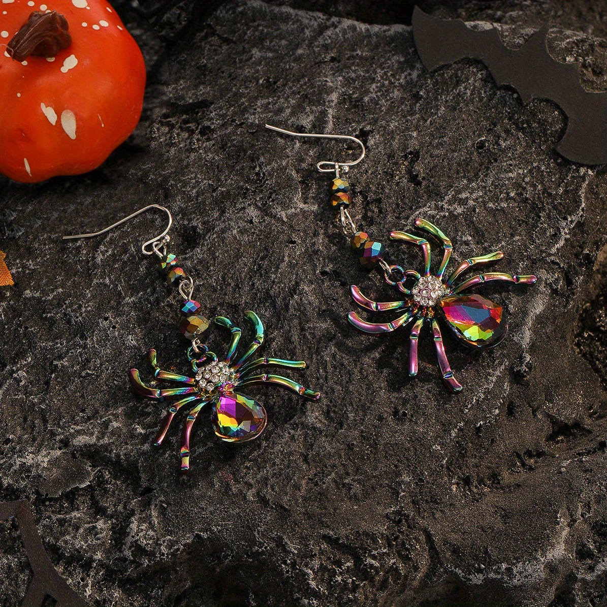 1 Pair Of Spooky Chic Halloween Spider Dangle Earrings For Women - Colorful Rhinestone Accents, Alloy, Ideal For Daily Wear &