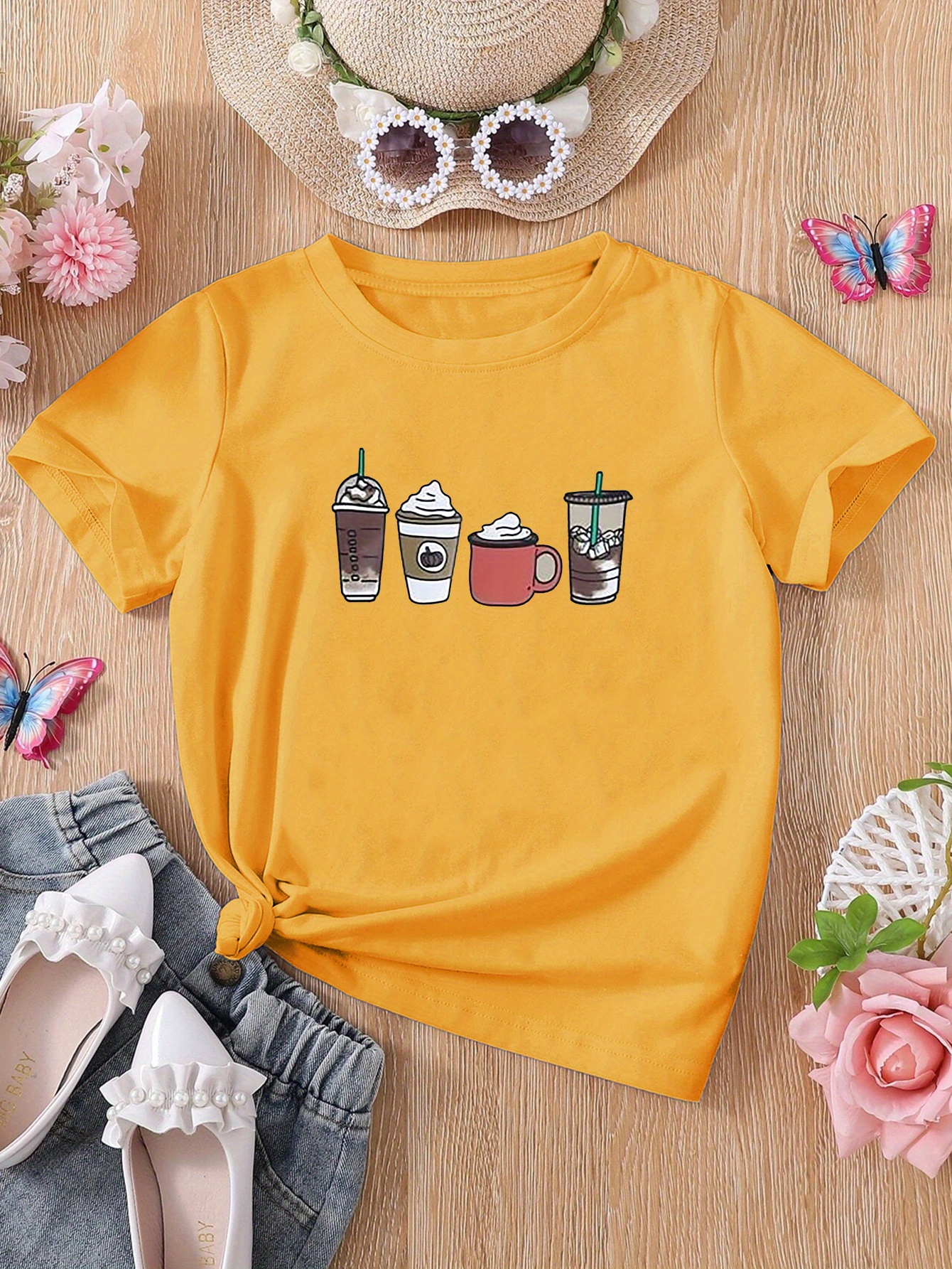 Girls Cartoon Flower Print Casual T-shirt, Comfy Fit Short Sleeve