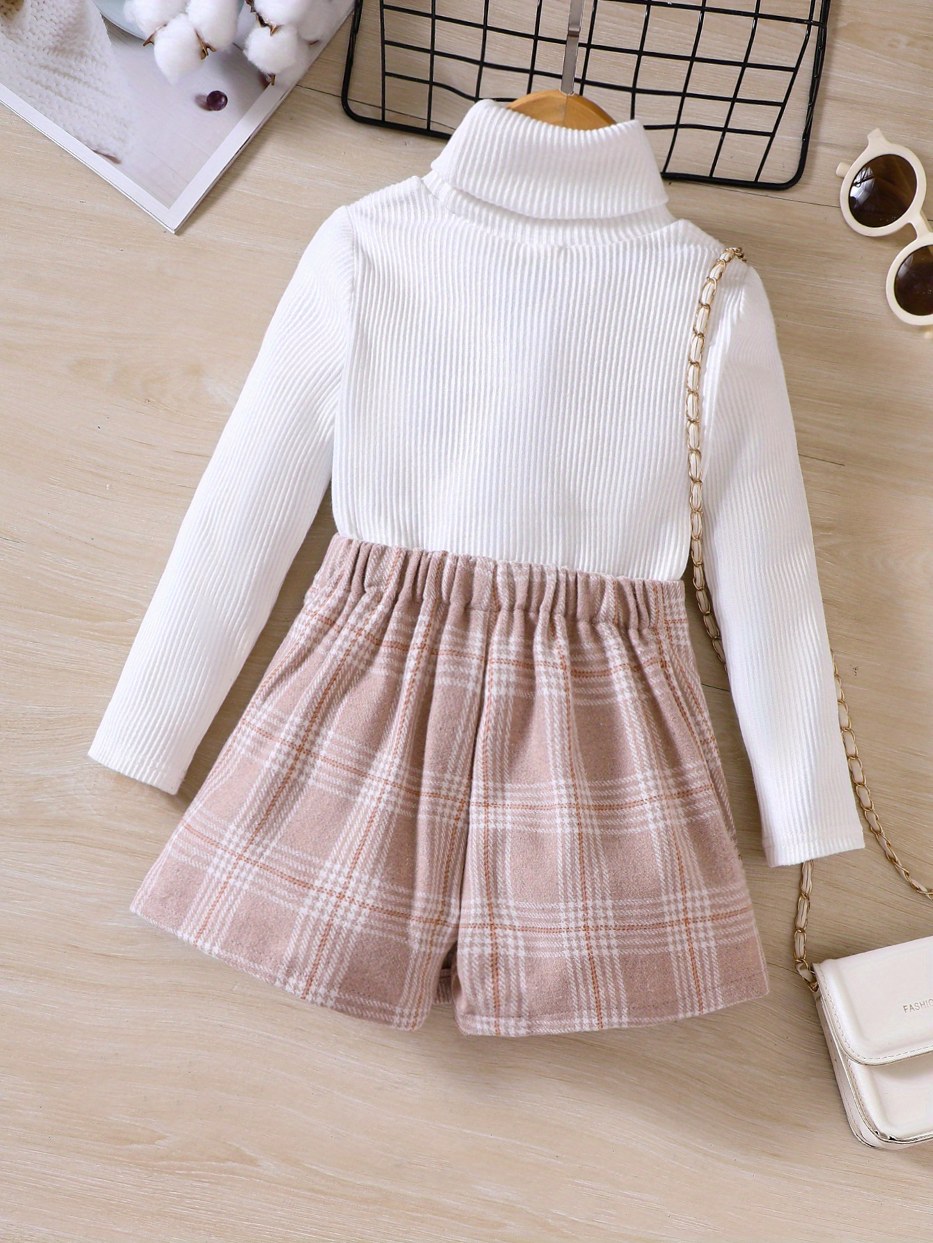 JDEFEG Toddler Little Girl Clothes Sweet Ruffles Long Sleeve Ribbed Tops  Plaid Skirts Bag Outfit Sets Cute Teen Girls Fashion Clothes White Size 100
