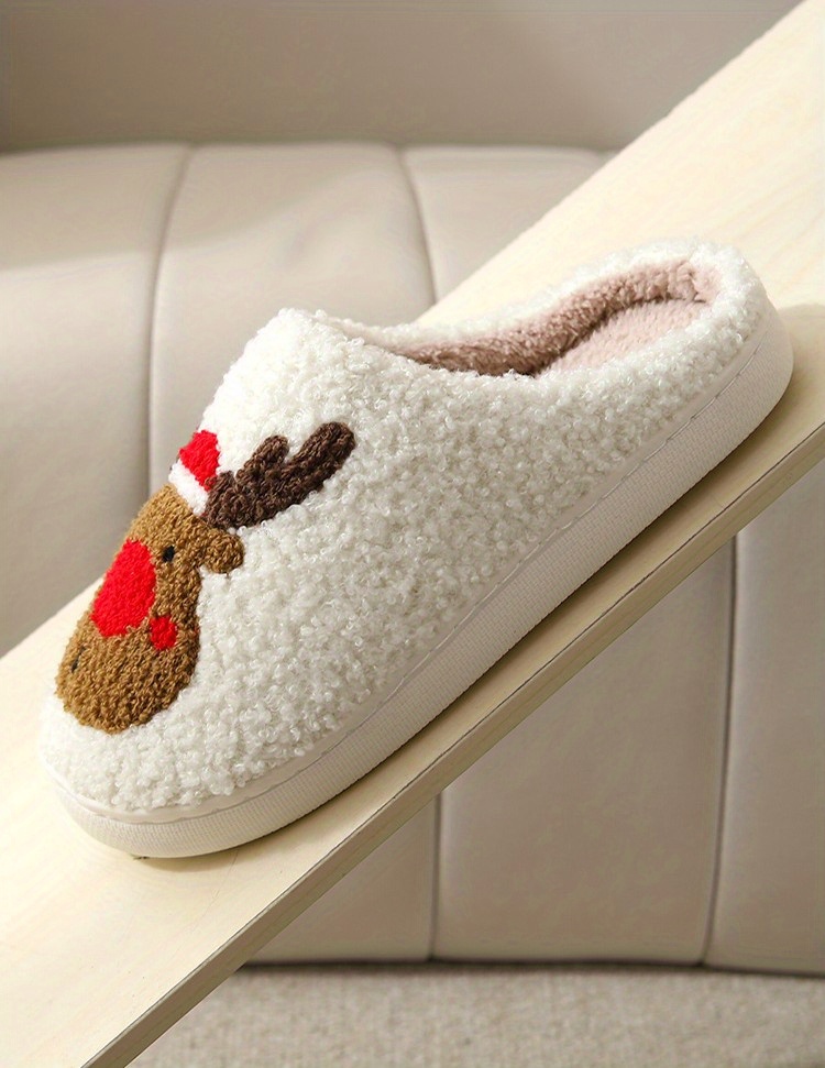 Cartoon Christmas Deer Print Slippers, Slip On Round Toe Non-slip