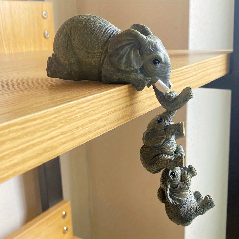 Un conjunto de 3 piezas Realistas Niñera elefante Figuras pintadas a mano,  Madre Elefante Colgando Dos Elefantes Bebé, Elegante Estatua de Decoración  del Hogar, Y El Tabl