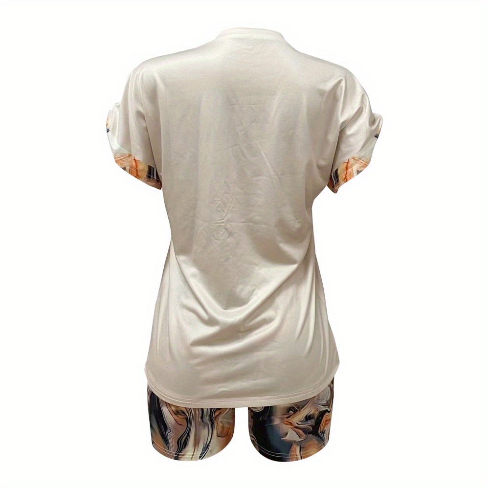 Ensemble Short D'été Décontracté 2 Pièces Pour Femme, Haut à Manches Courtes Et Short à Cordon De Serrage, Combinaison De Survêtement Aux Couleurs