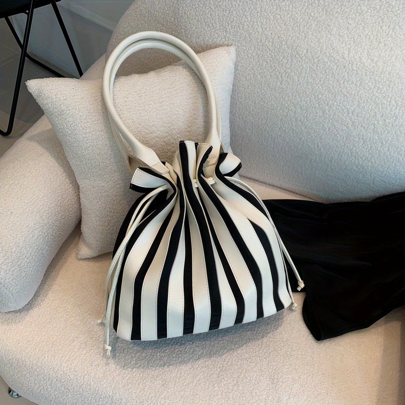 Striped Pattern Drawstring Bucket Bag Large Capacity Tote Bag
