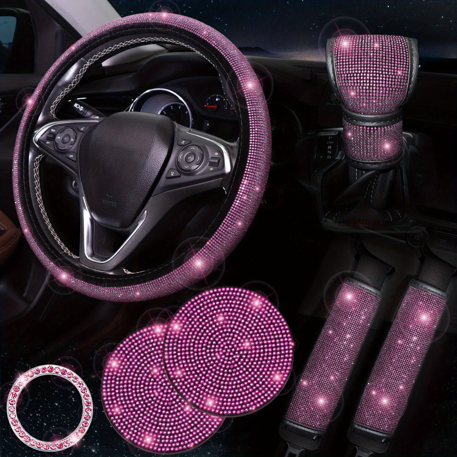 Accesorios de coche para interior de mujer, purpurina, decoración del coche,  funda para volante de coche, posavasos, tapas de válvulas, almohadillas para  cinturón de seguridad, soporte para teléfono : : Coche y