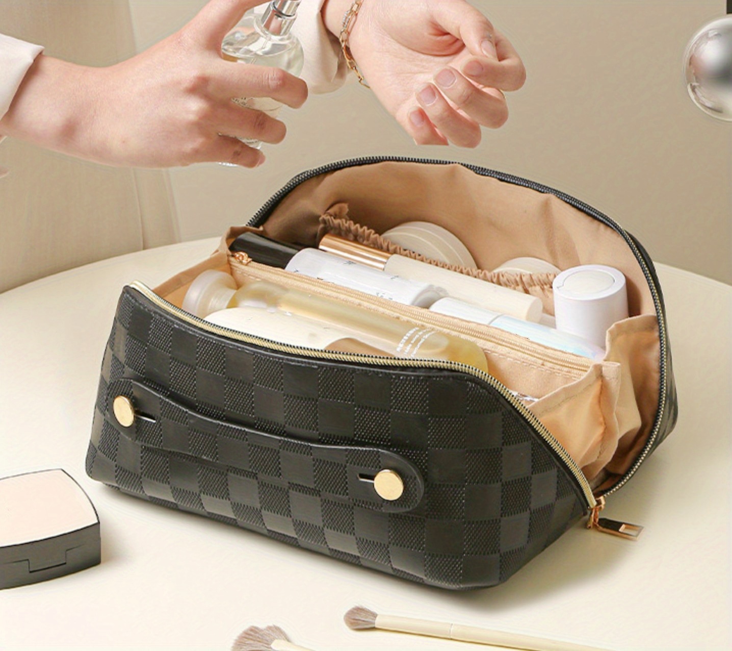 Makeup Bag For Home Women, Travel Portable Toiletry Bag, Flat Open  Convenient To Take Pu Leather Cosmetic Bag, Large Cosmetic Organizer - Temu  Denmark