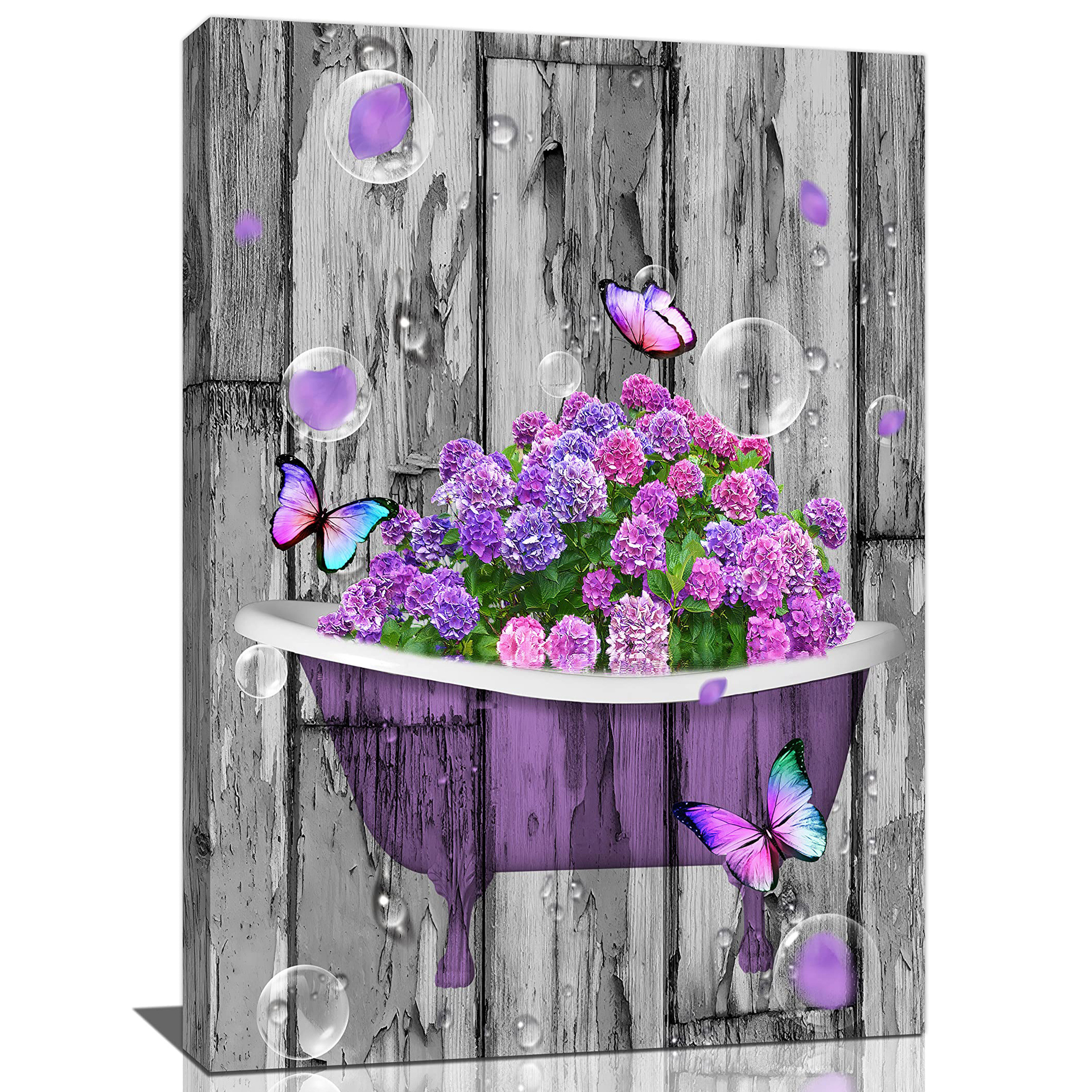 Hydrangea Wall Art For Bathroom, Purple Hydrangea In The Bathtub Canvas  Wall Decor, Rustic Flower Black White Pictures Prints, Farm Butterfly  Bubble Artwork For Bedroom Living Room, Unframed Temu