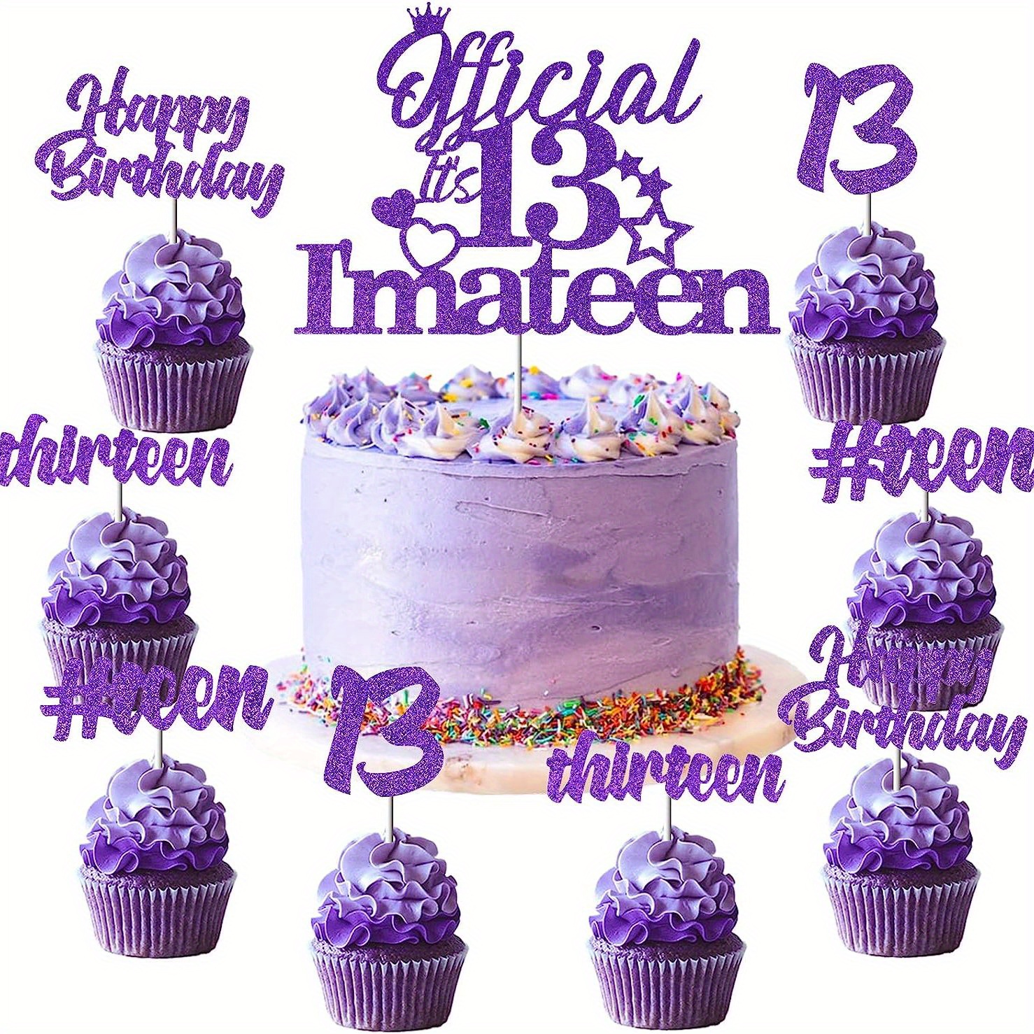 Glittery Blue 13 Official Teenager Cake Topper with 24Pcs Cupcake Toppers  Picks for Boys and Girls 13th Birthday Party Supplies, Thirteen Years Old  Birthday Party Decor 