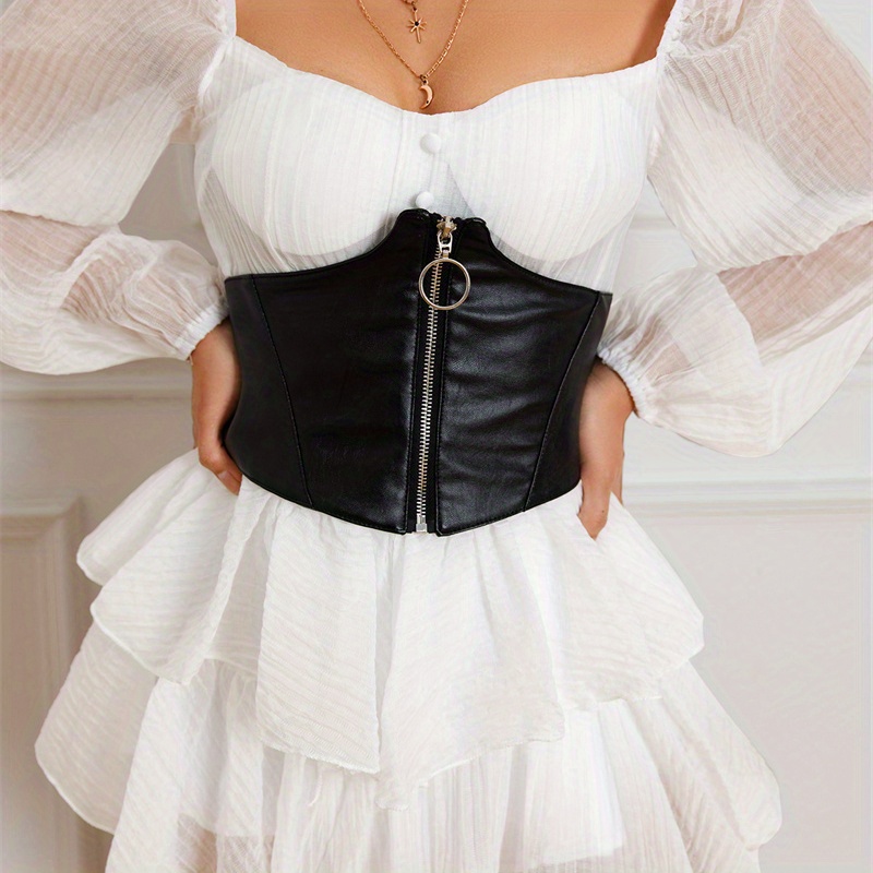 Image of Punk Zipper Corset Belt Wide Elastic Waist Belt For Dress Ladies Vintage Stretch Waspie Cinch Belt