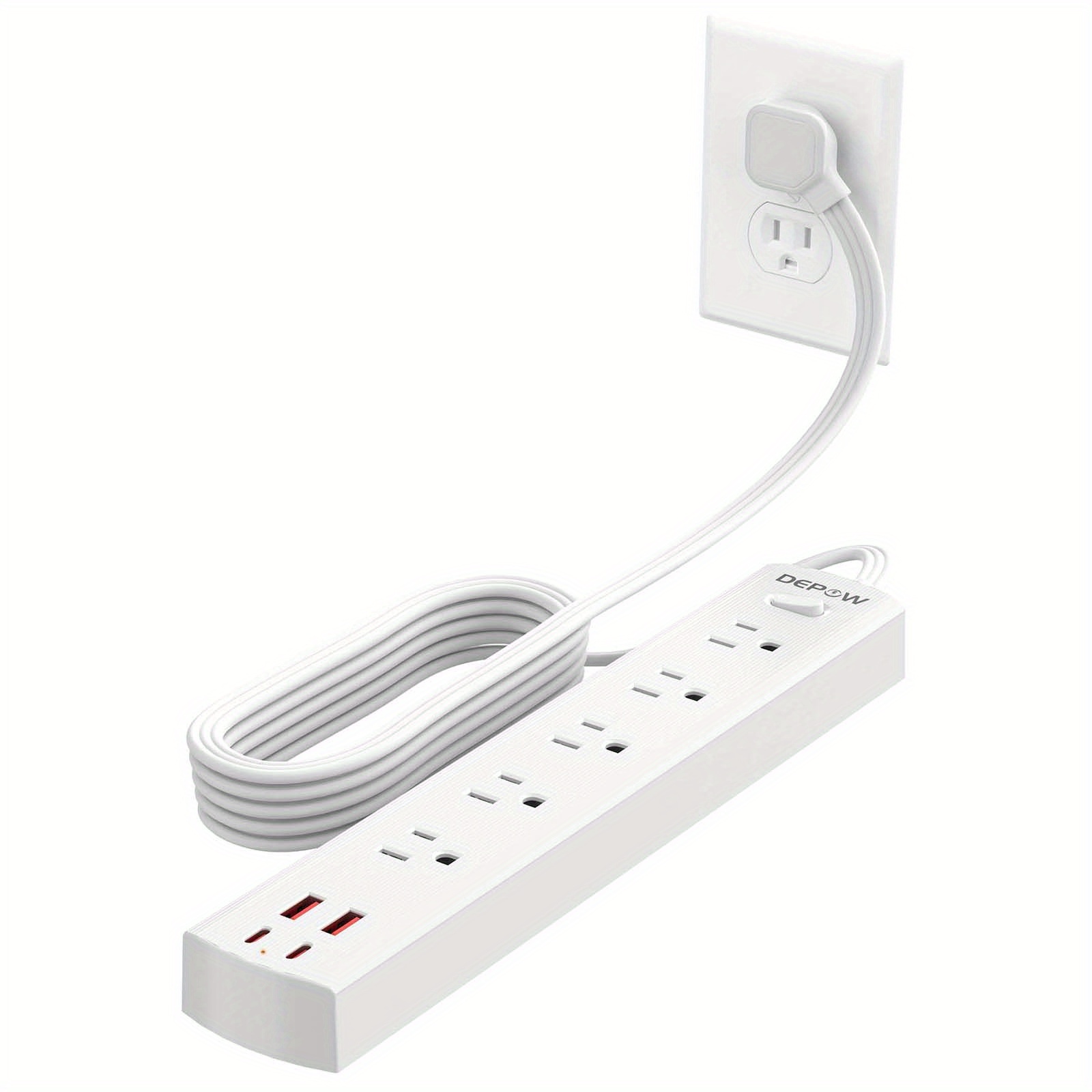 Cable de extensión con múltiples tomas, regleta de alimentación de enchufe  plano con puertos USB (2 USB C), cable de 5 pies de largo, protección