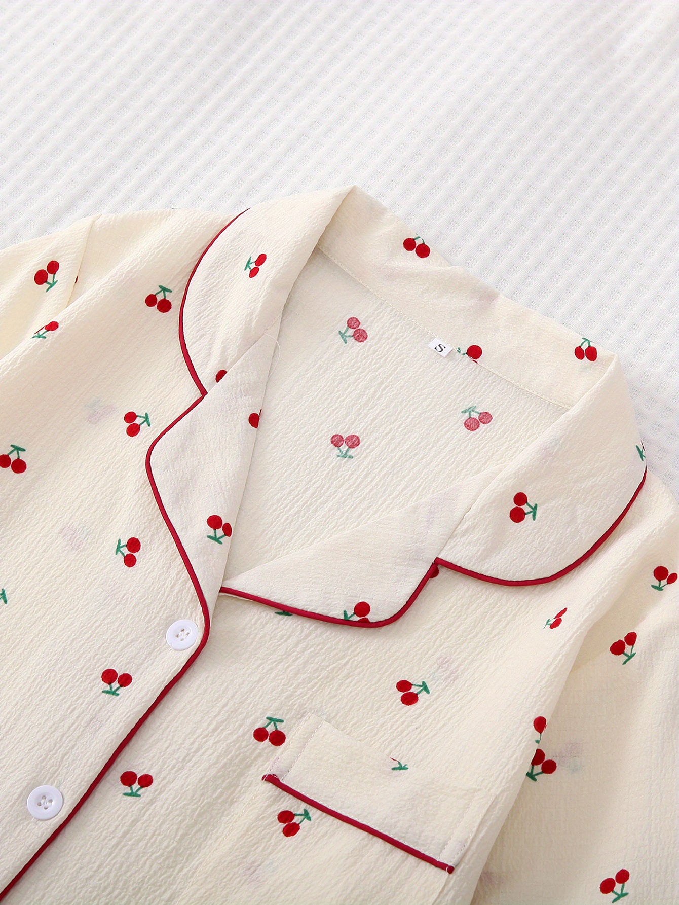 Cherry Print Pajama Set Sweet Cute Lapel Buttons Top Bow - Temu Canada