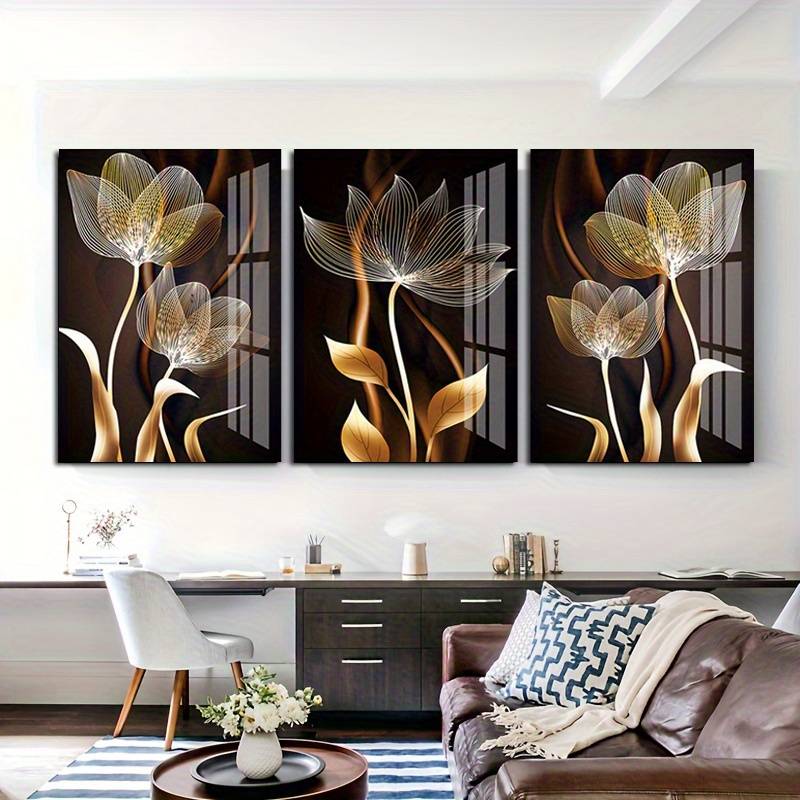  Pinturas en la pared Juego de 3 pintura en lienzo gris dorado  abstracto moderno original grande arte de la pared pintura flor sala de  estar decoración del hogar 60x90cm3PCS Noframe 