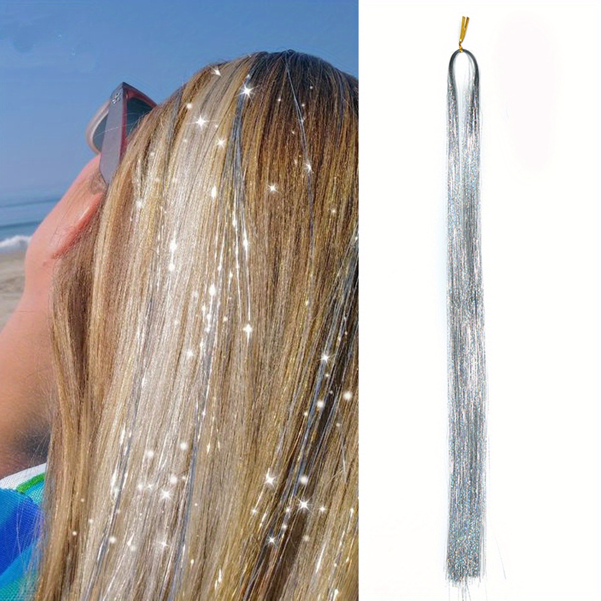 Image of Hair Tinsel Strands Long Straight Hair Extensions Party Highlight Hair Pieces Sparkling Shiny Hair Extensions (1pcs/pack)