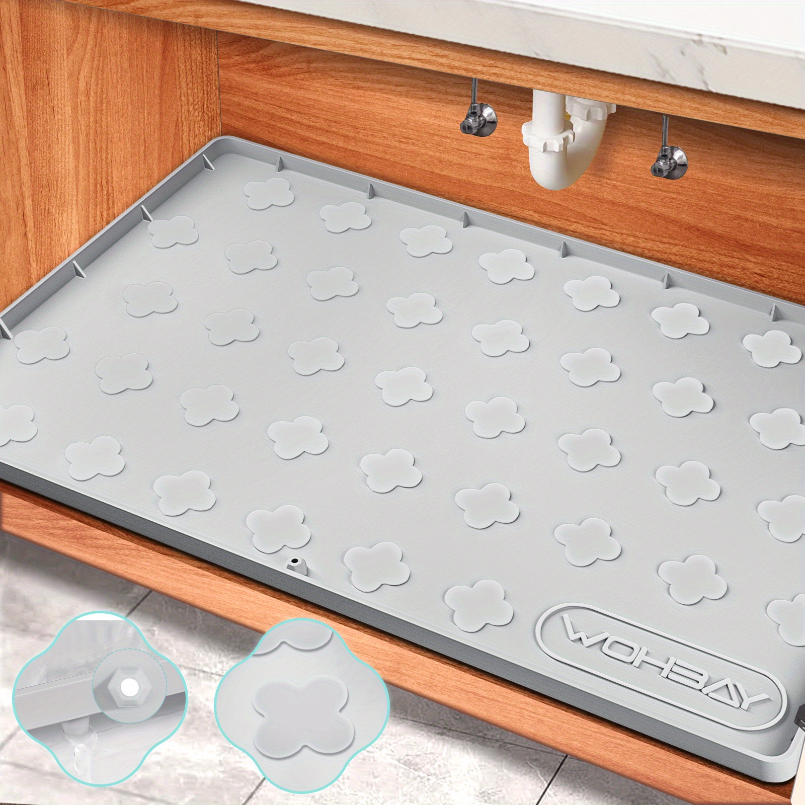  Waterproof Under Sink Mat for Kitchen & Laundry Cabinets, 22 x  34 in, Silicone Bathroom Cabinet Shelf Mats Protector, Durable Flexible  Under Sink Drip Water Tray Liner, Gray : Home & Kitchen