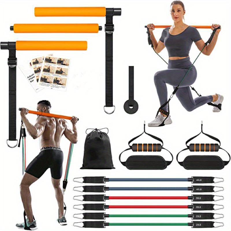 14pcs/set Pilates Bar Kit With Resistance Bands, Fitness Bar With Ab Roller  For Abs Workout, Squat Machine, Core Strength Training Equipment, Portable