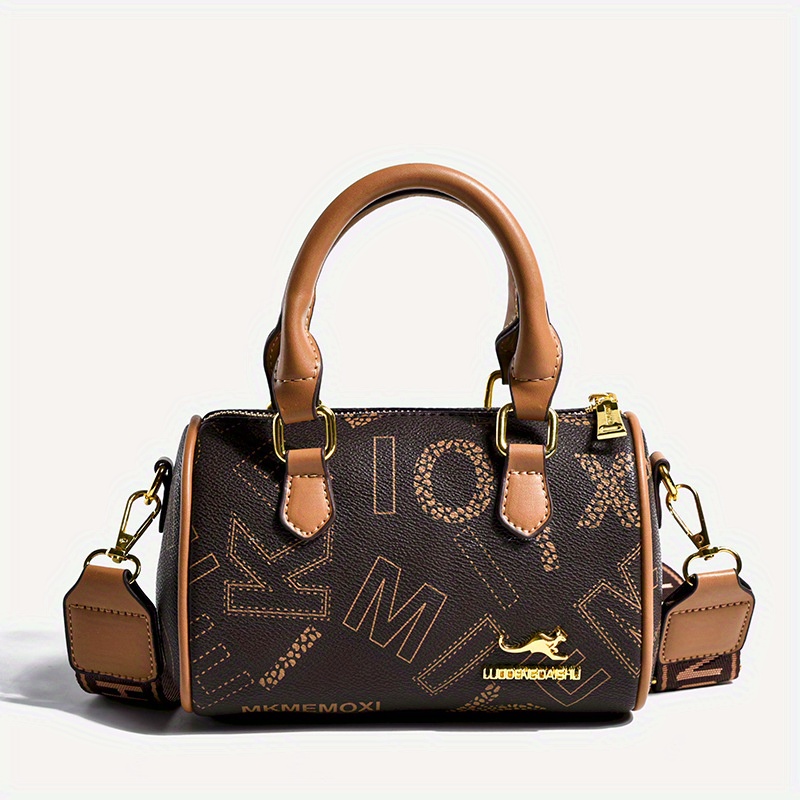 Mini Retro Style Crossbody Bag For Women, Letter Print Boston Handbag, Vegan  Leather Purse With Double Handle - Temu
