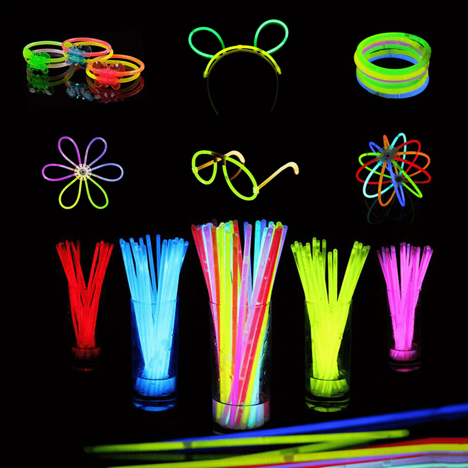 YOAOPIN 6 Set Glow Sticks Glow Party Accessories for Glowing Hat, Flower  Balls/Lantern, Love Glasses,Round Luminous Glasses, Hair Hoop and Butterfly