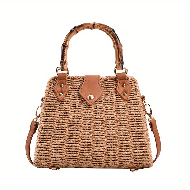 Rattan Woven Handbag For Women, Boho Style Straw Bag, Vintage