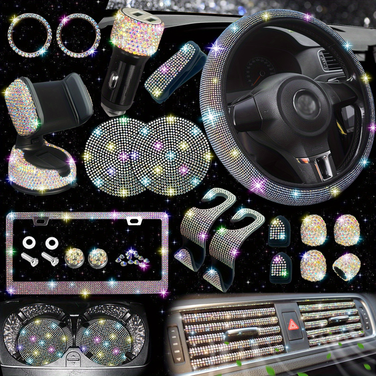 27pcs Bling Car Accessories Set Women Bling Steering Wheel Covers Universal  Fit 15 Inch Bling License Plate Frame Phone Holder Car Coasters, Today's  Best Daily Deals