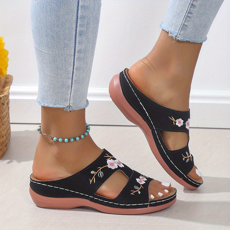 Women s Wedge Slide Sandals Floral Embroidered Slip Shoes - Temu