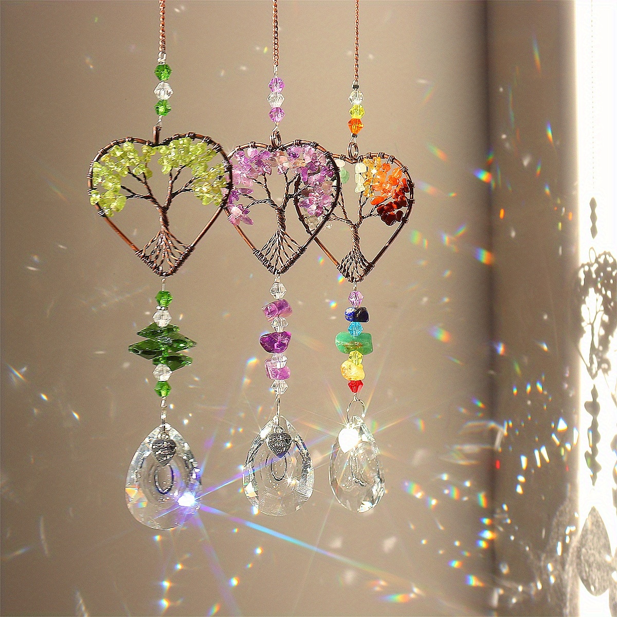 co H&D HYALINE & DORA Glass Suncatcher Crystal Pendant Rainbow Maker  Colorful Heart Shaped Life Tree Hanging Ornament Indoor Outdoor Decor :  .co.uk: Garden & Outdoors