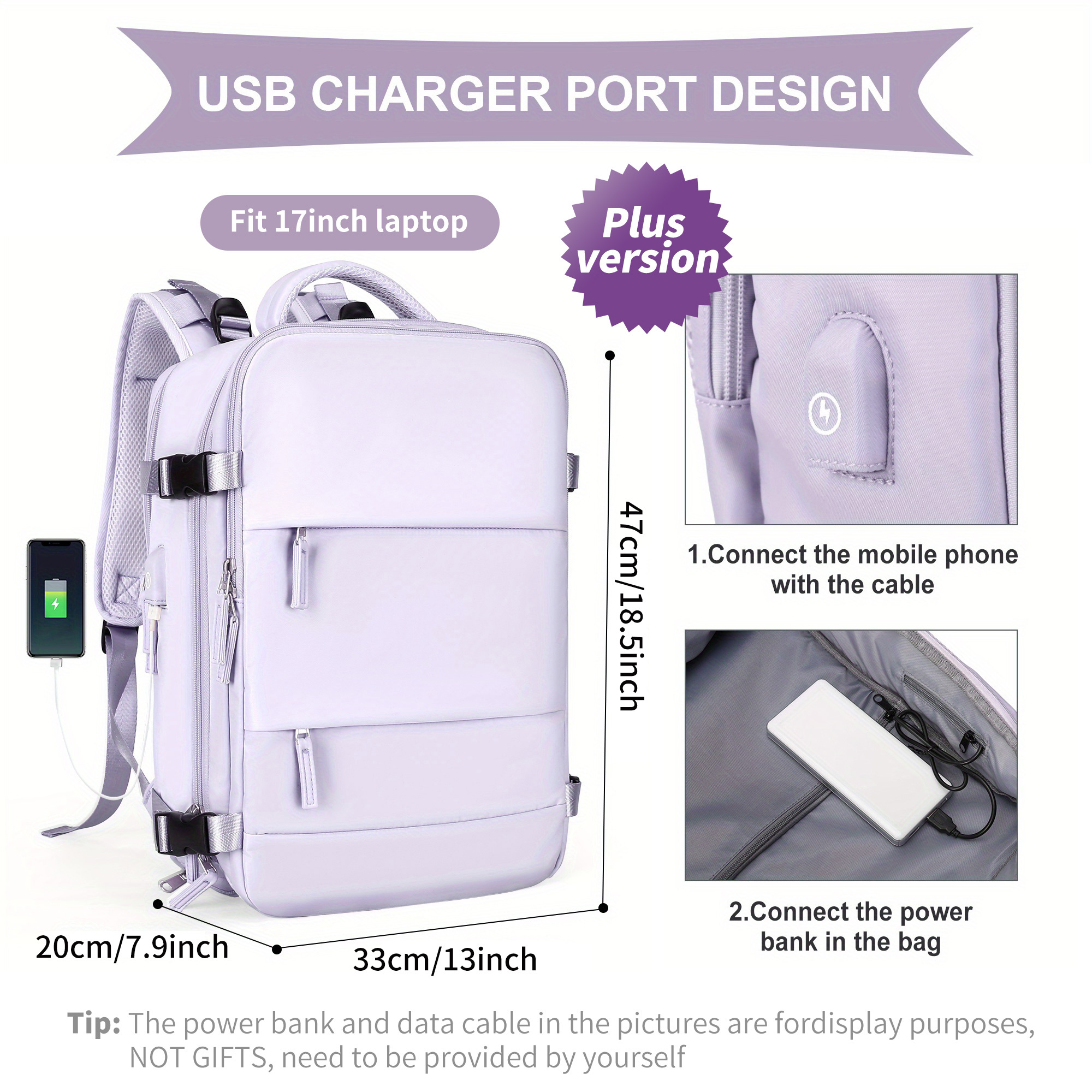 Sac à dos pour ordinateur portable 17,3 pouces - Beige - Port de chargement  USB - 48 x