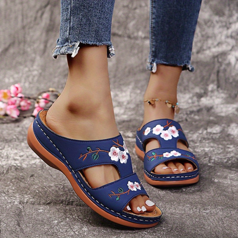 Women s Wedge Slide Sandals Floral Embroidered Slip Shoes - Temu