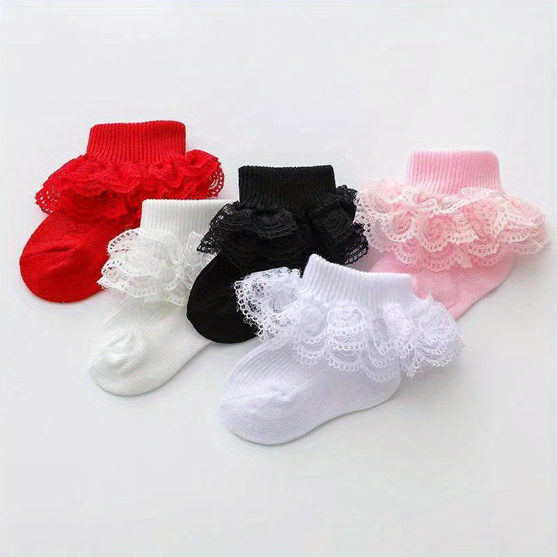 Image of 5 Pairs Of Baby Socks | Spring And Autumn Season Girl Newborn Mesh Breathable Socks With Lace Details, Floral Pattern, And Elastane