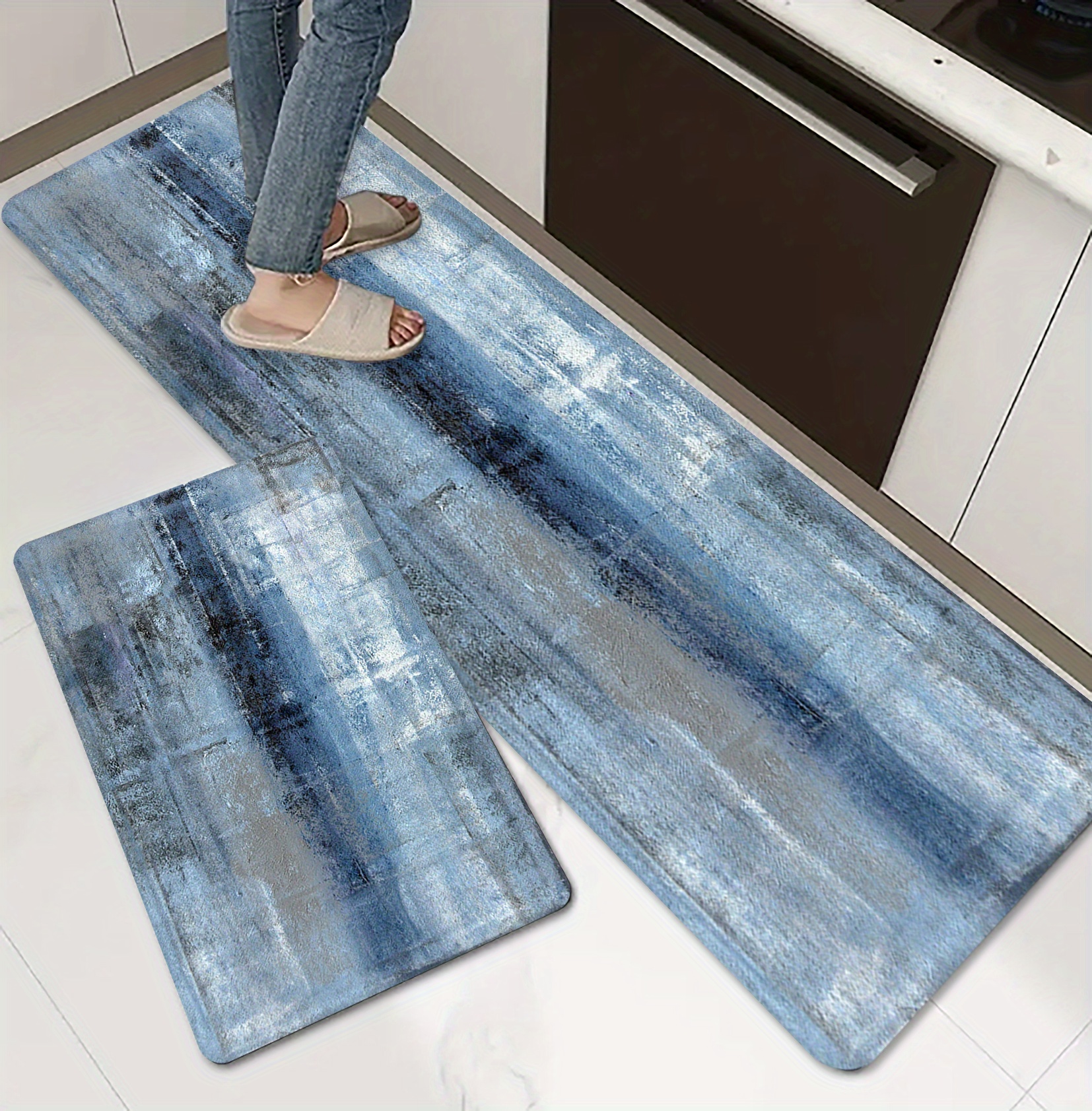 1pc denim blue tie dye kitchen mat   polyester hand wash only stylish   floor mat for modern kitchens kitchen rugs details 3