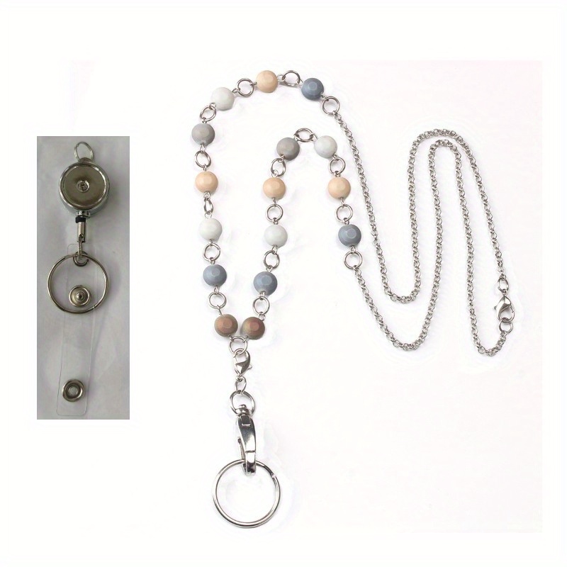 Retractable Id Badge Lanyard Necklace Stainless Steel Beaded - Temu