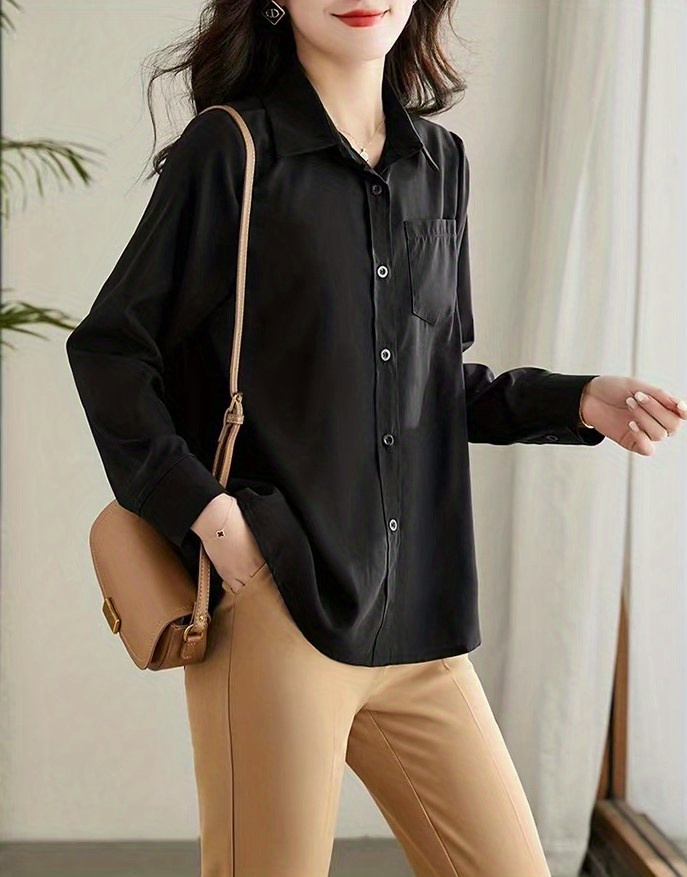 Versatile Solid Pocket Shirt Button Down Long Sleeve Shirt Casual Every Day Tops  Womens Clothing - Women's Clothing - Temu