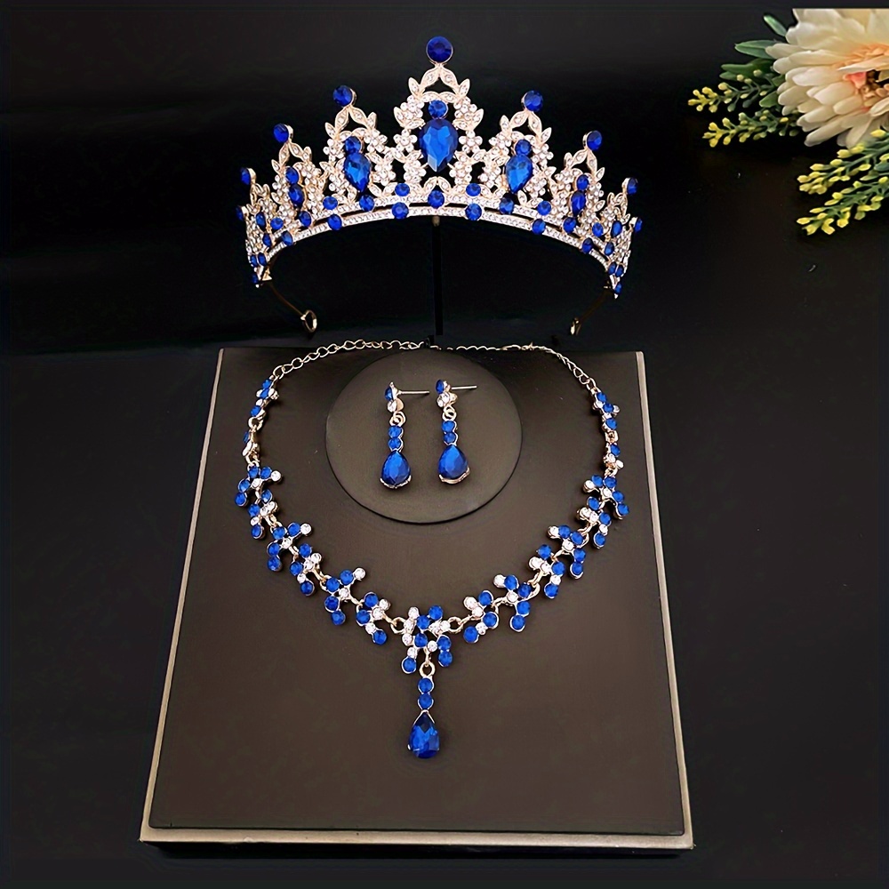 3pcs Luxury Silvery Crystal Bridal Jewelry Set Rhinestone Tiara Crown Necklace Earrings Set Hair Accessories,Women's Jewelry,Temu