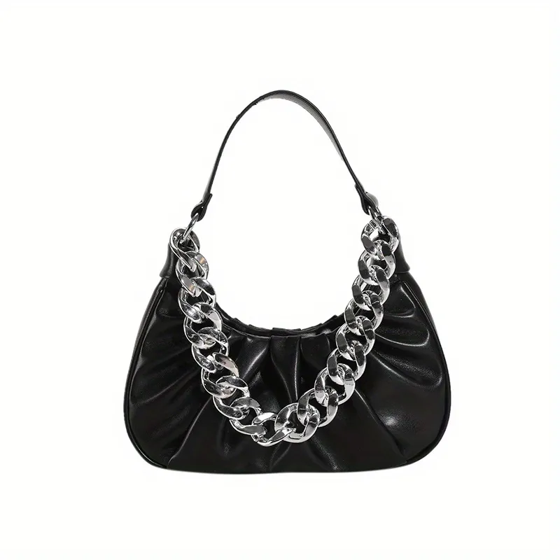 ASOS DESIGN ruched shoulder bag in black with chunky gold chain