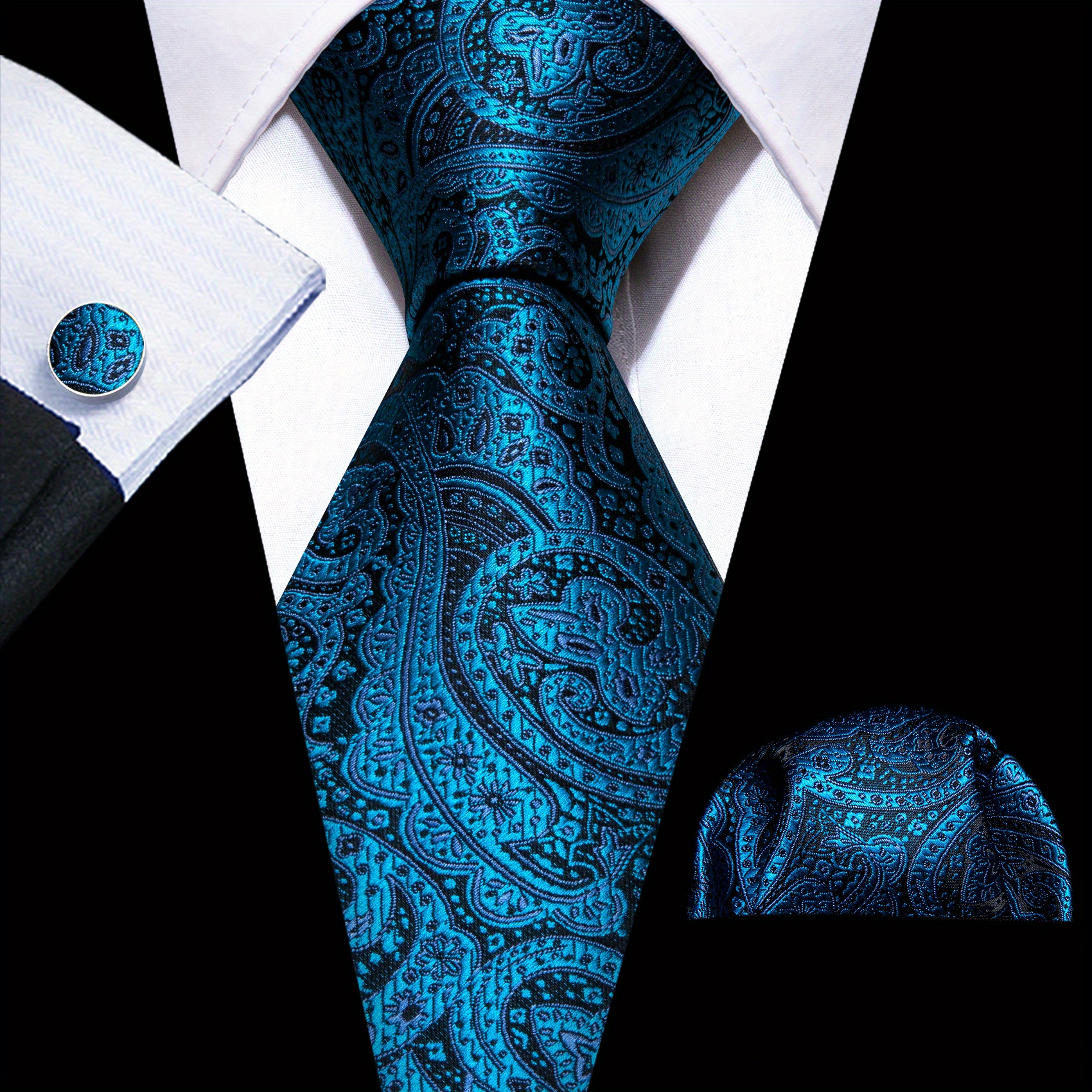 Men's Jacquard Tie, Hankerchief, Cufflinks Set