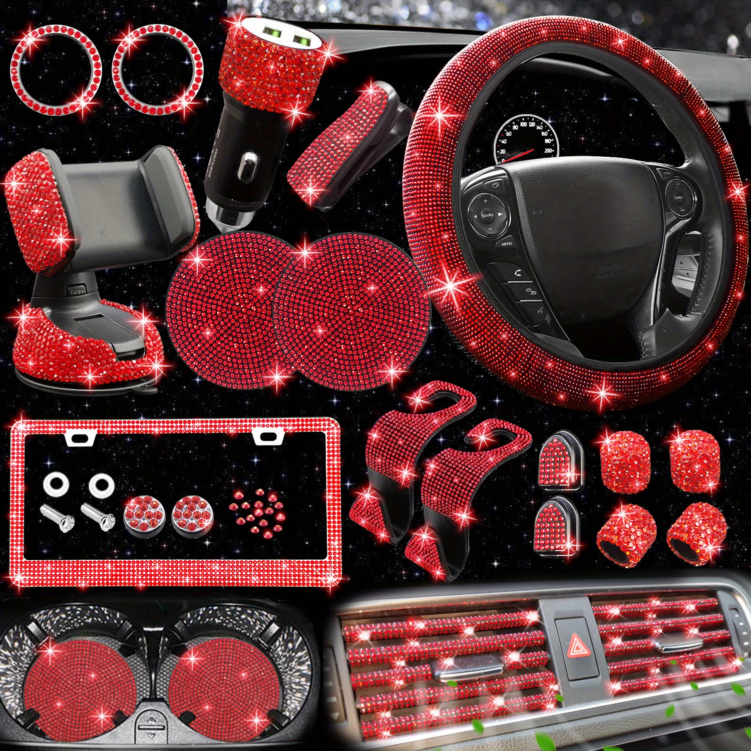 27pcs Bling Car Accessories Set Women Bling Steering Wheel Covers Universal  Fit 15 Inch Bling License Plate Frame Phone Holder Car Coasters, Today's  Best Daily Deals