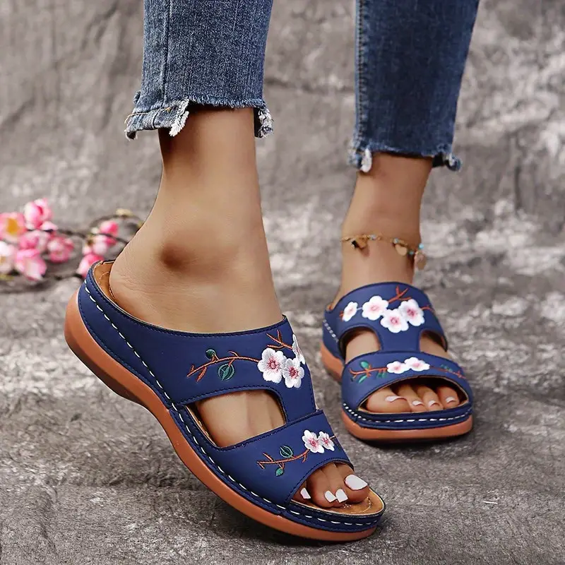 womens wedge slide sandals floral embroidered slip on shoes sandals with arch support 36 blue 8