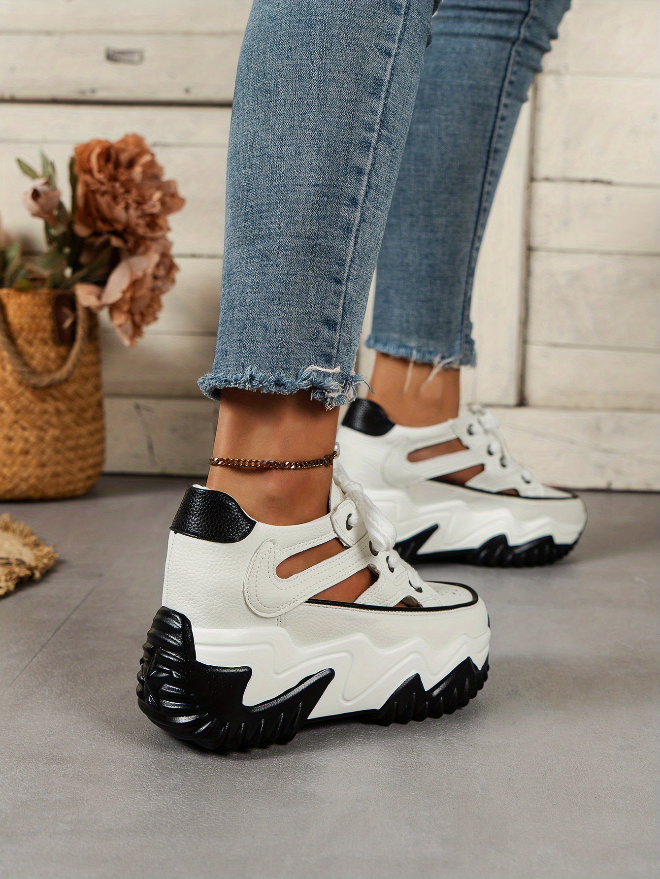 sandalias de plataforma transpirables para mujer   - colección casual verano 2023,   gruesa para aumentar  , con cordones, punta   en beige con detalles negros, para exteriores, zapatos huecos detalles 7