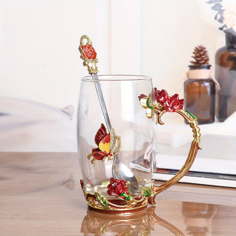 Rose Enamel Crystal Tea Cup With Spoon Elegant Clear Glass - Temu