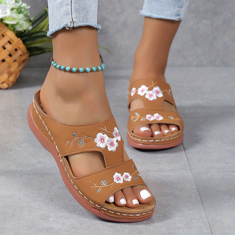 Women s Wedge Slide Sandals Floral Embroidered Slip Shoes - Temu