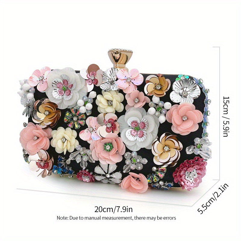 Floral Beaded Evening Bag, Women's Clutch Box Purse, Chain Handbag