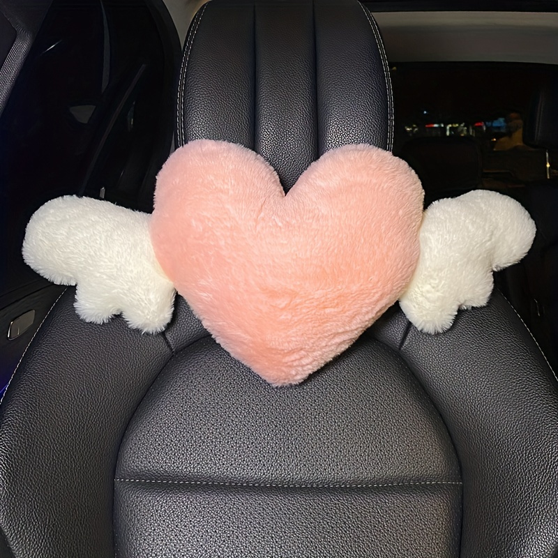 2 Pcs Plush Heart Shaped Pillow with Angel Wings Car Headrest Pillow Soft  Comfortable Car Seat Pillow for Driving Travelling Room Office Car Decor