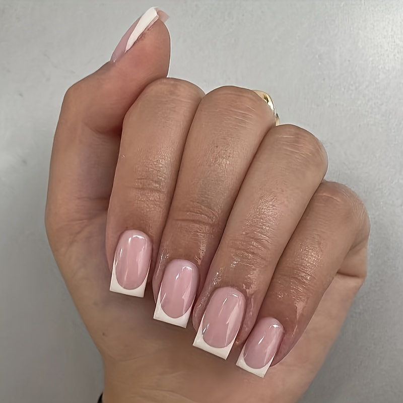 Short Blue French Tip Fake Nails Nude Square Press Temu 2938